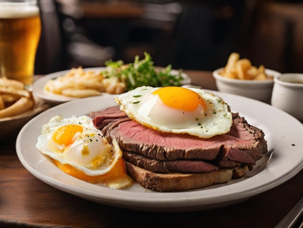 Restaurant, das ein Gericht aus Roastbeef, gebratenen Eiern und Bier anbietet