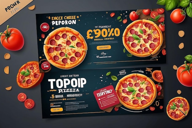 Foto restaurant-geschenk-gutschein-flyer-vorlage mit köstlichem geschmack pepperoni-käse-pizza und platz