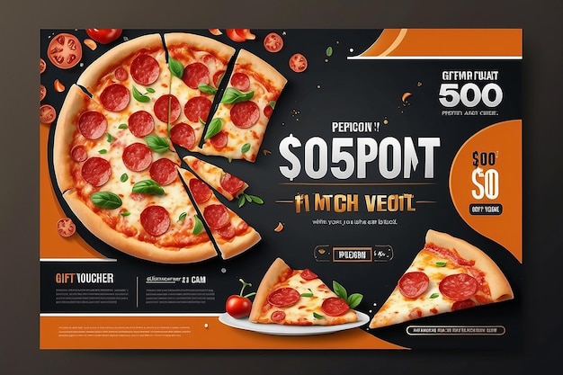 Foto restaurant-geschenk-gutschein-flyer-vorlage mit köstlichem geschmack pepperoni-käse-pizza und platz