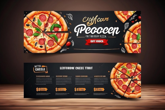 Restaurant-Geschenk-Gutschein-Flyer-Vorlage mit köstlicher Pepperoni-Käse-Pizza