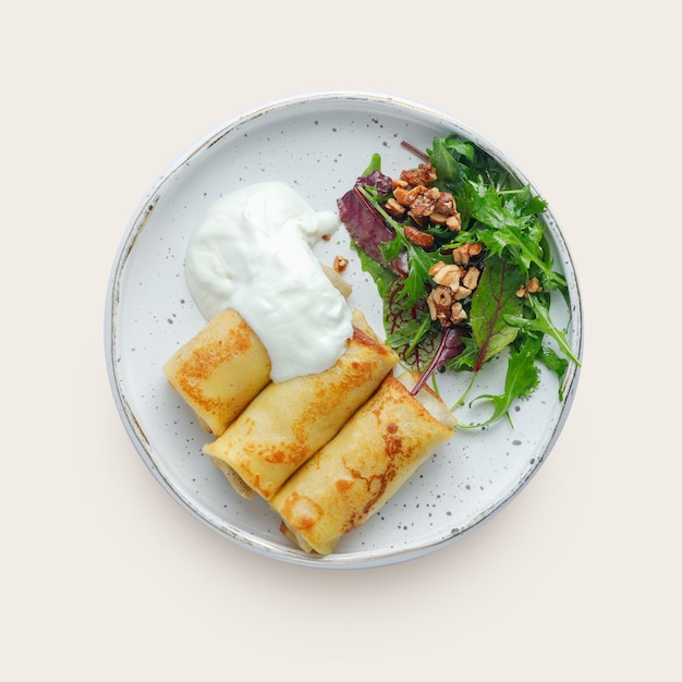 Restaurant Menü Gericht traditionelles Restaurant serviert Vorspeise weißen Hintergrund isoliert Draufsicht