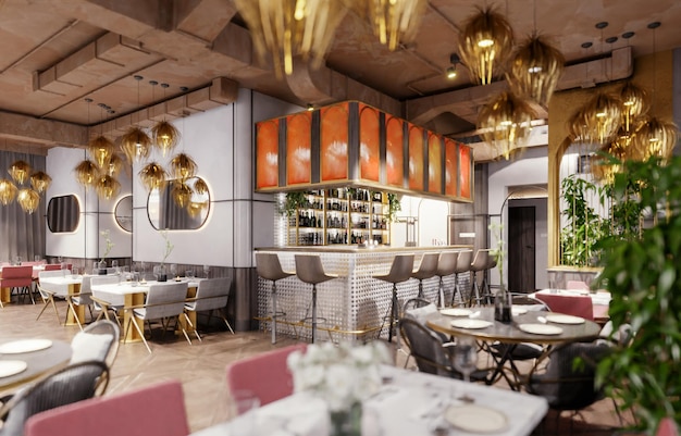 Restaurant mit modernem Sofa und Dekorationen kopieren Raum 3D-Rendering