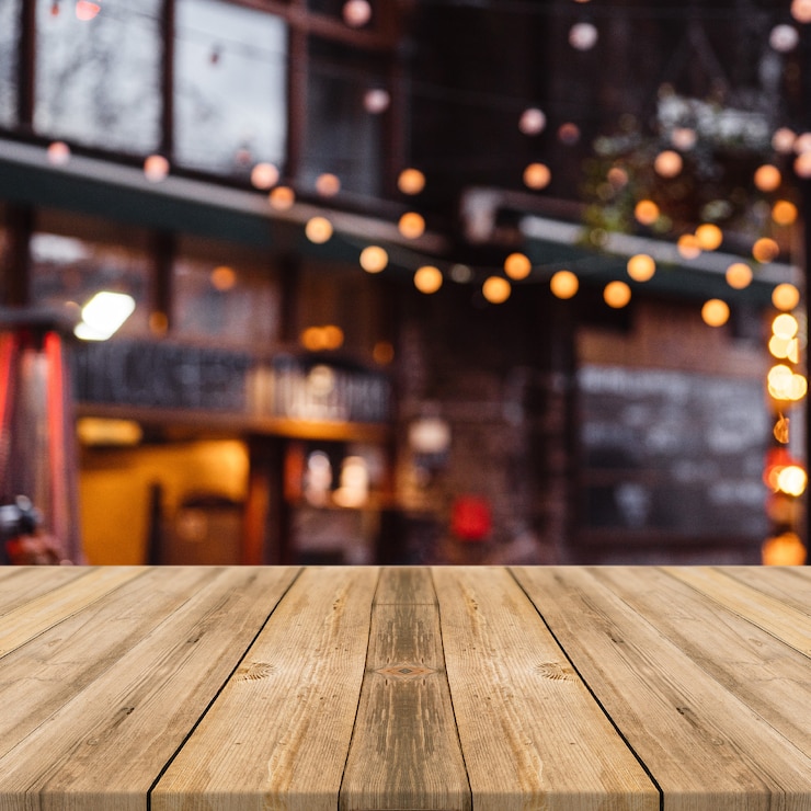 Foto restaurant oder hotel street food bokeh holztisch quadrat display hintergrund