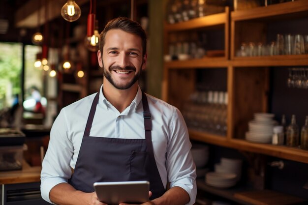 Restaurantbesitzer posiert für eine Kamera-Generative KI