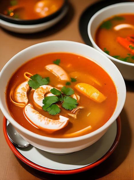 Restaurante aconchegante com sopa realista de tom yam