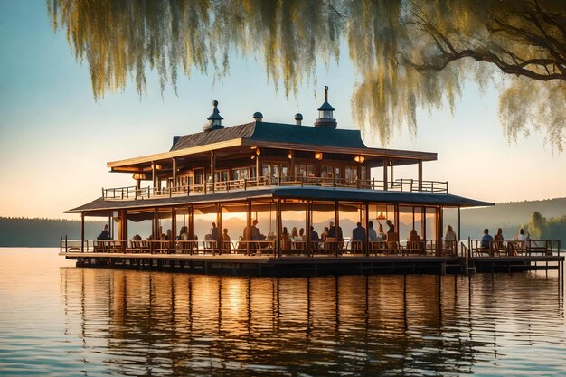 Foto un restaurante en el agua con la puesta de sol en el fondo