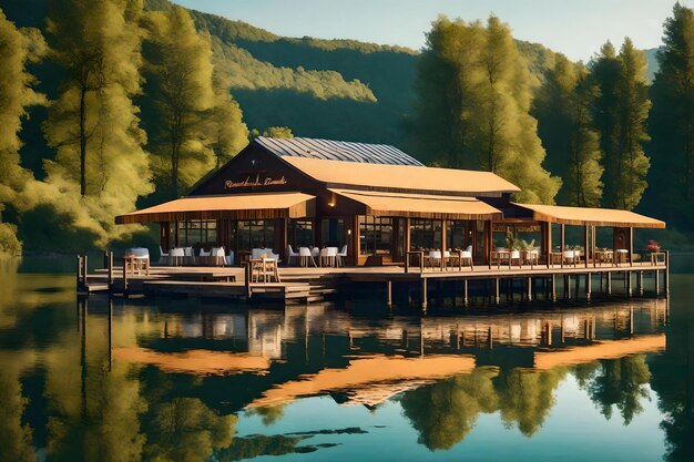 Un restaurante en el agua con un telón de fondo de montaña.