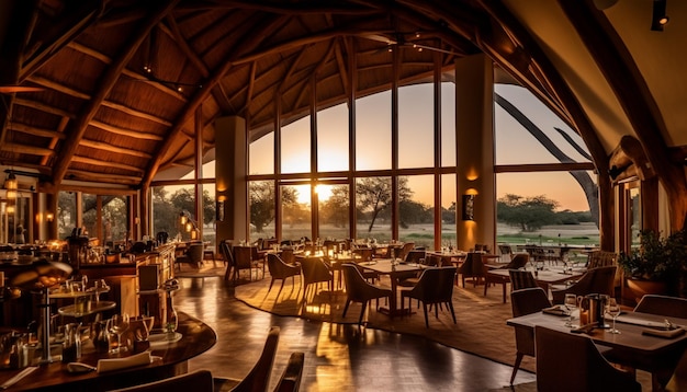 Foto restaurante arafed con vista al agua y un atardecer generativo ai