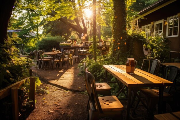 Un restaurante con un árbol al fondo.