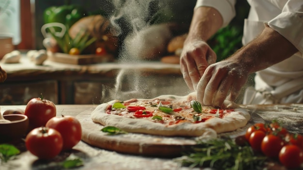 En el restaurante chef profesional preparando pizza usando harina amasando masa receta familiar tradicional cocina auténtica de pizzería comida orgánica deliciosa enfoque cinematográfico en las manos disparado