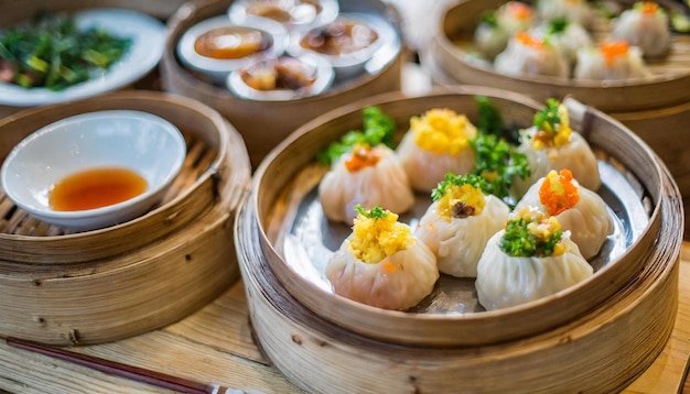 Foto restaurante chinês de dim sum com cestas de bambu fumegante pauzinhos e comensais saboreando mergulhador