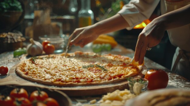 Foto en el restaurante cocinera profesional preparando pizza añadiendo ingredientes salsa especial queso receta familiar tradicional auténtica pizzería italiana cocinando comida orgánica