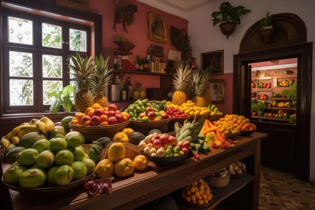 Restaurante colombiano com exibição de vibrantes frutas e vegetais frescos