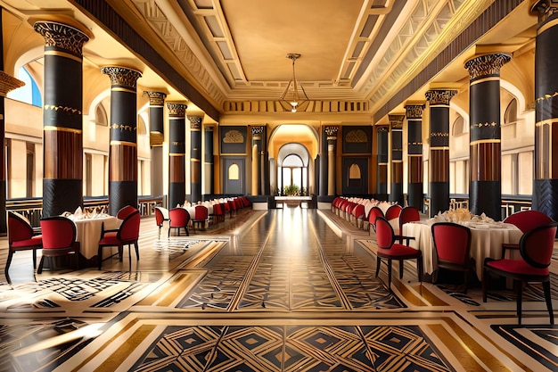 Foto un restaurante con columnas y una mesa con sillas rojas.