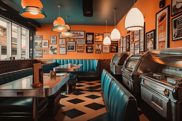 Restaurante de comida rápida con jukebox de decoración vintage y discos de vinilo para una sensación retro