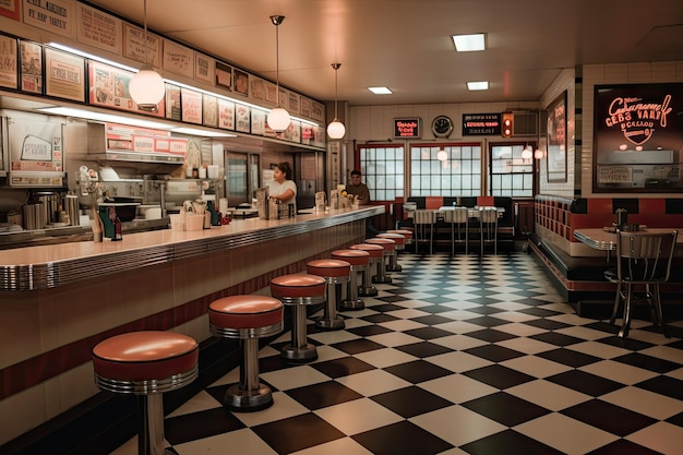 Restaurante de comida rápida con letreros interiores retro y asientos de vinilo