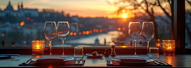 un restaurante con un conjunto de vidrio vacío y una vista de la ciudad