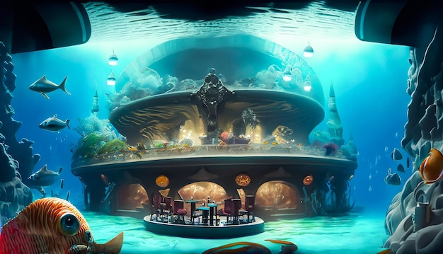 restaurante de comida marinha nome é comida marinha palácio sob a água generativo futurista Ai