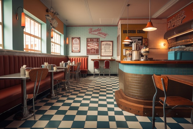 Restaurante de fast food com estilo retrô, com letreiros e decoração vintage