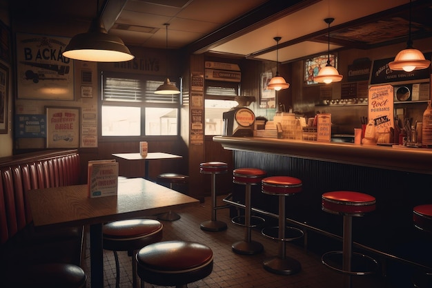 Restaurante de fast food com letreiro vintage e decoração retrô