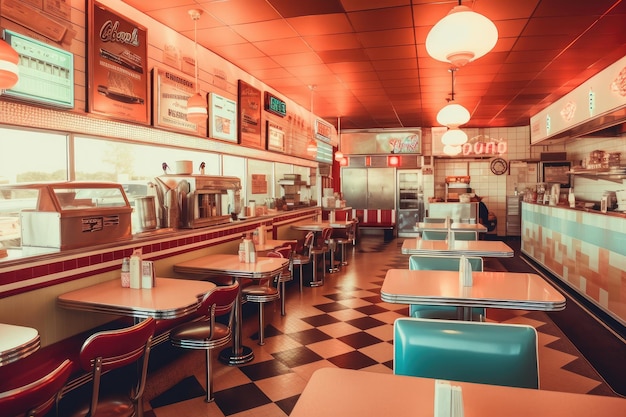 Foto restaurante de fast food com tema retrô, incluindo letreiros e decoração vintage
