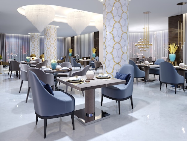 Restaurante de hotel luxuoso em estilo moderno com móveis coloridos. Renderização 3D.