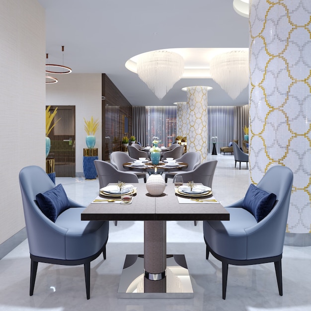 Restaurante de hotel luxuoso em estilo moderno com móveis coloridos. Renderização 3D.