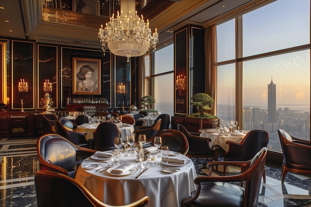 Restaurante de luxo com lustre com vista para a cidade e decoração elegante