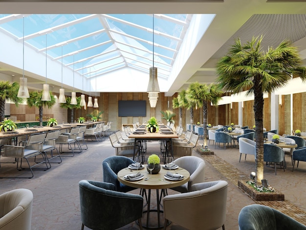 Restaurante de luxo com palmeiras no interior com um grande átrio de vidro com paredes de madeira