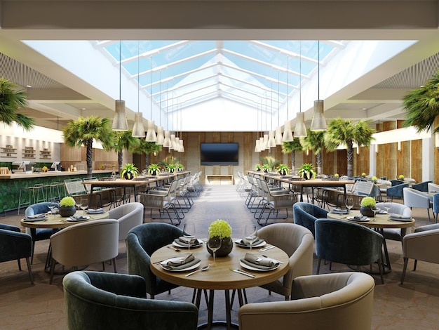 Restaurante de luxo com palmeiras no interior com um grande átrio de vidro com paredes de madeira