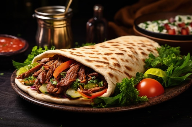 Restaurante doner kebab estilo Medio Oriente que sirve platos tradicionales turcos o griegos con proteínas r