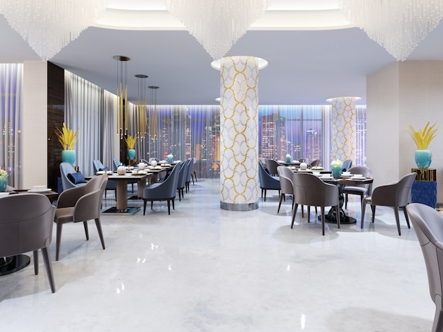 Restaurante e área lounge em um hotel moderno. Renderização 3d