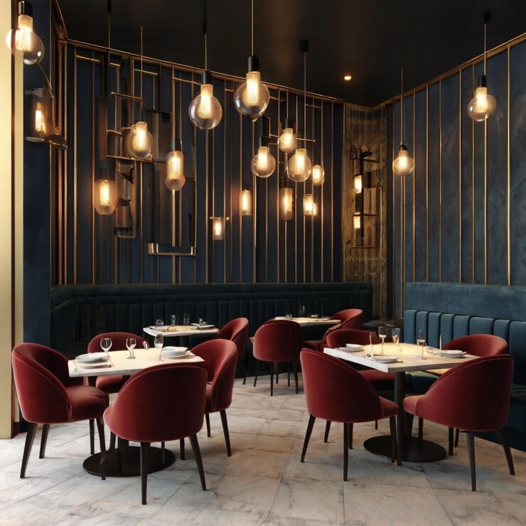 restaurante elegante cómodas mesas redondas con sillas marrones y cómodos sofás beige renderización 3d