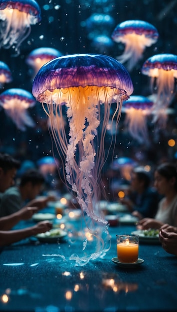 Un restaurante elegante con gente comiendo en una mesa larga y mirando medusas brillantes y fascinantes.