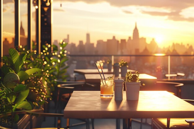 Restaurante elegante no telhado com vistas panorâmicas