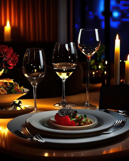 Restaurante exclusivo para una cena con luces apagadas copas de vino y platos exquisitos