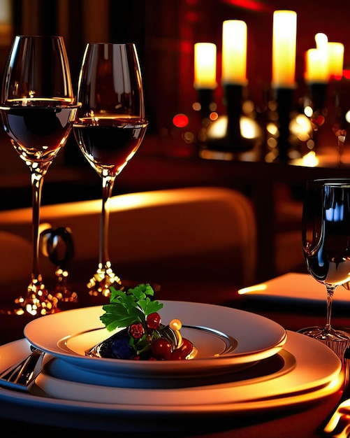 Restaurante exclusivo para um jantar com luzes apagadas copos de vinho e pratos requintados