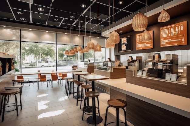 Restaurante fastfood com iluminação e assentos modernos de design de interiores