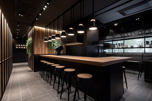 Restaurante fastfood com interiores minimalistas, detalhes elegantes e refinados