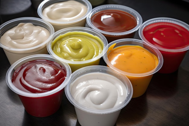 Restaurante fastfood que oferece uma variedade de molhos, incluindo maionese ketchup e mostarda