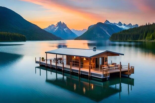 un restaurante flotante en un lago tranquilo