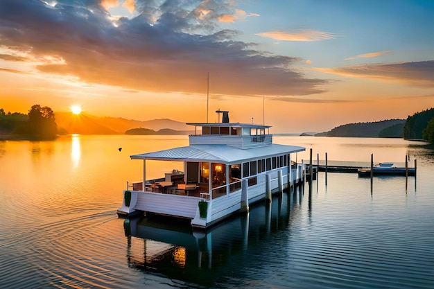 un restaurante flotante en un lago tranquilo