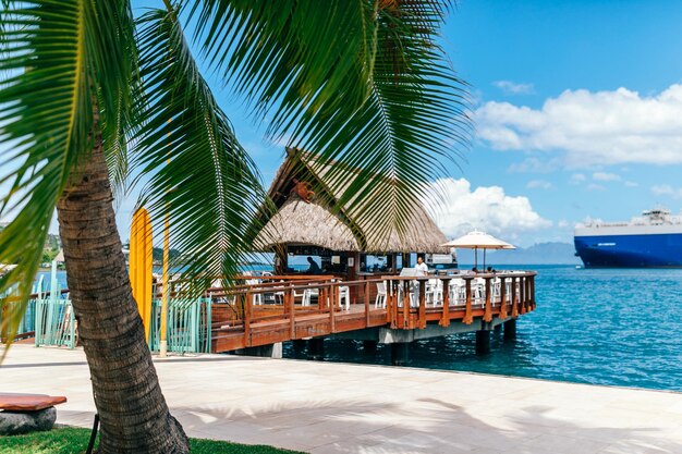 Restaurante frente al mar en un parque urbano tropical con palmeras en la Polinesia Francesa