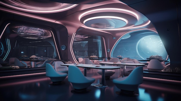 Restaurante futurista de ciencia ficción del futuro.