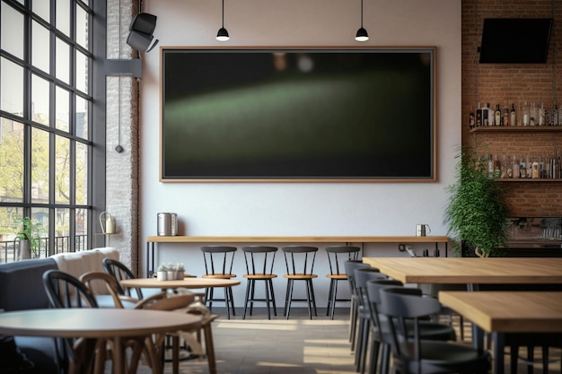 Un restaurante con una gran pizarra en la pared que dice "cafe"