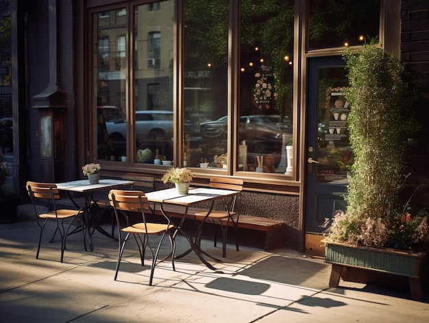 Un restaurante con un gran ventanal que dice 'cafe'