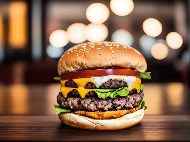 Restaurante de hamburguesas acogedor y detallado con iluminación cálida.