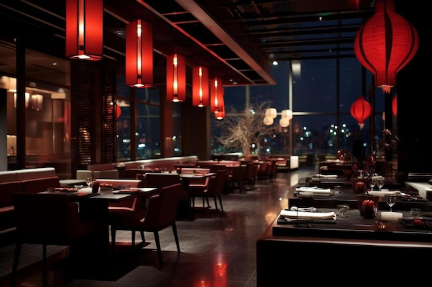 Foto un restaurante con linternas rojas colgando del techo