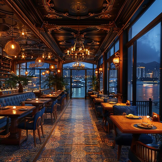 Restaurante de mariscos junto al mar con vistas al muelle y corcho náutico