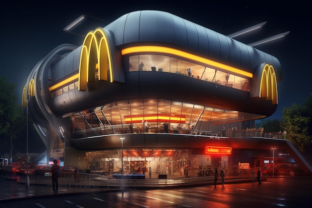 Restaurante mcdonalds con luces de neón en una noche lluviosa en la ciudad generativa ai